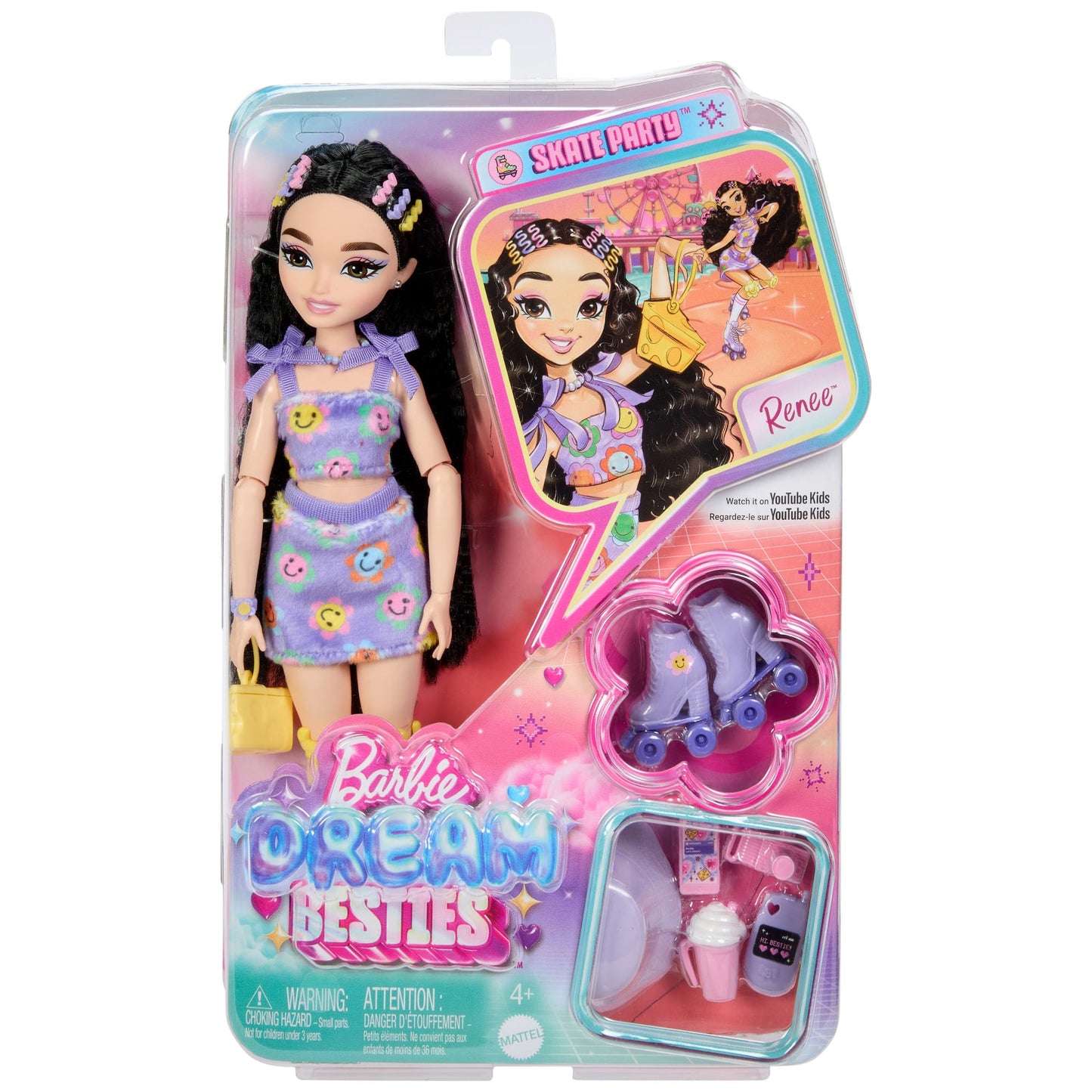 Dream Besties Barbie Renee Roller Skating Fashion Doll With 12 Video & Food Themed Accessories