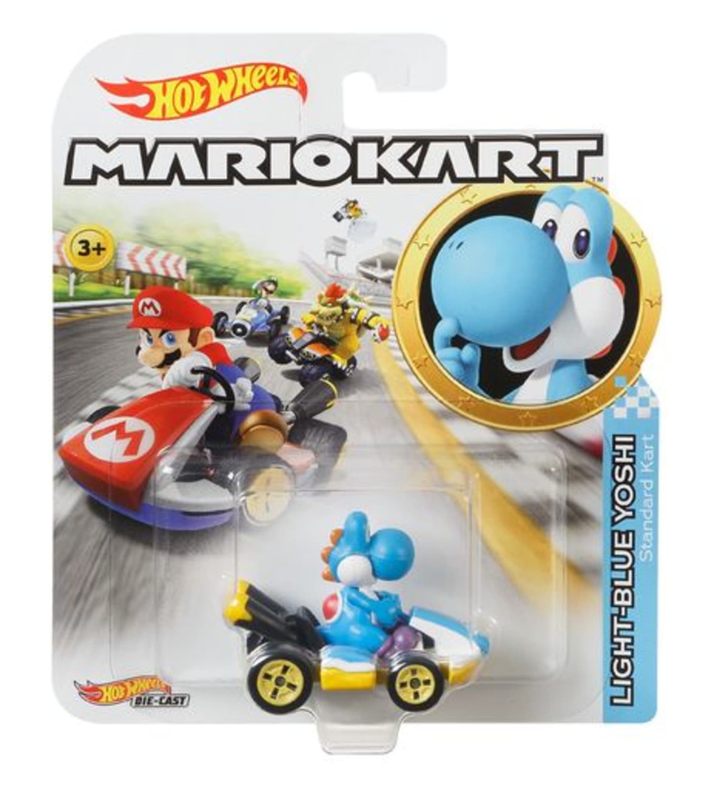 Hot Wheels Mario Kart Veículo de Brinquedo Kart Padrão Yoshi Azul Claro