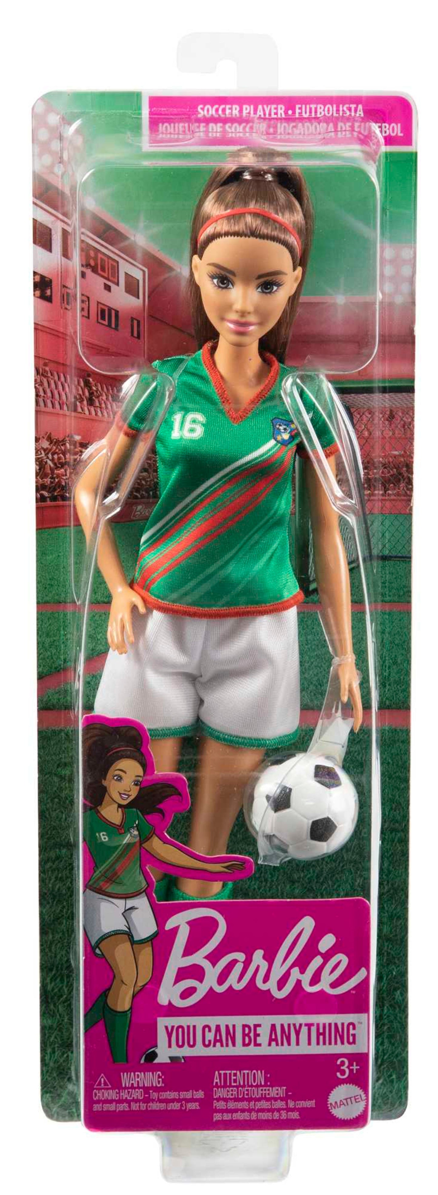 Barbie Soccer Doll, Brunette, #16 Uniform, Soccer Ball, Cleats, Socks, 3 & Up