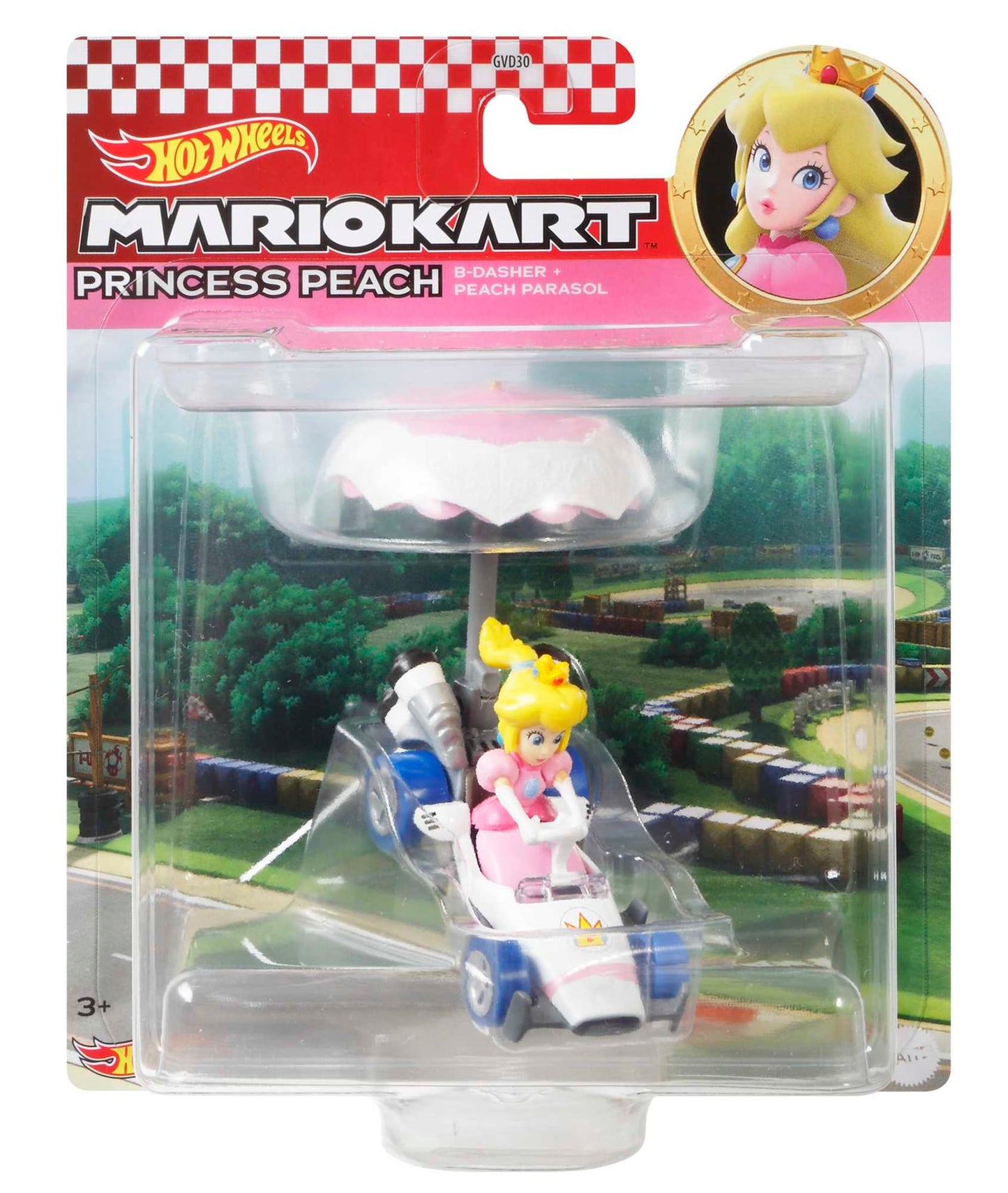 Hot Wheels Mario Kart Veículo de Brinquedo Princesa Peach B-Dasher com Peach guarda-sol