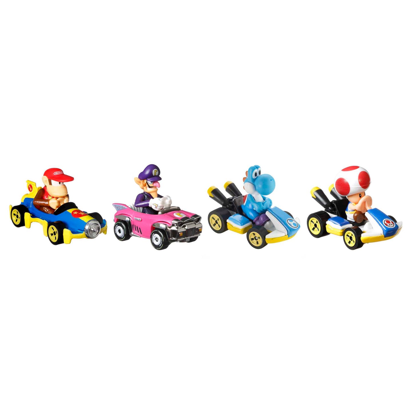 Hot Wheels Mario Kart Vehículo de Juguete Paquete de 4 con Diddy Kong, Waluigi, Toad y Yoshi azul