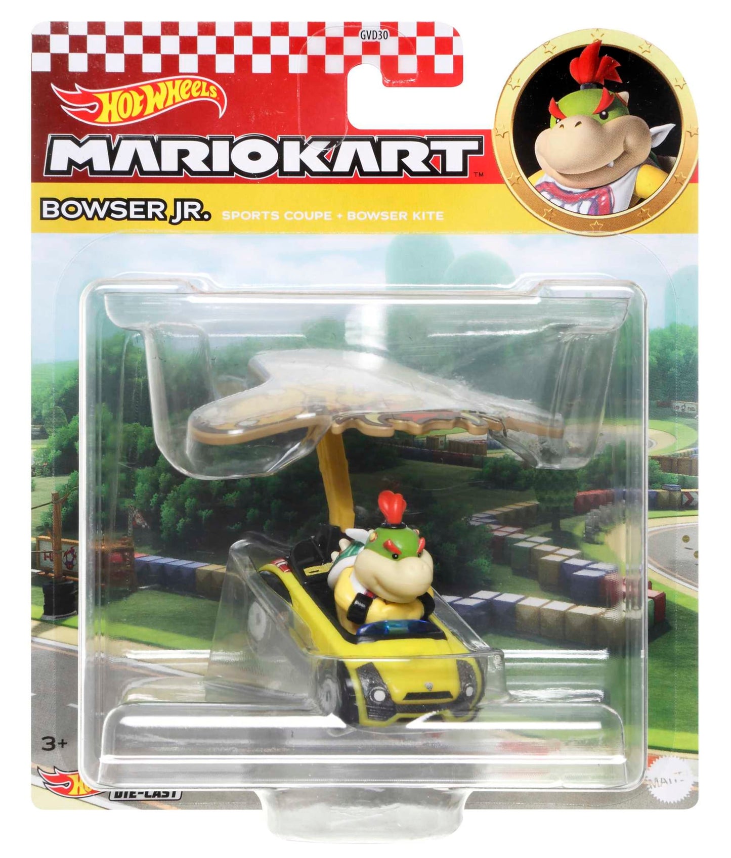 Hot Wheels Mario Kart Veículo de Brinquedo Bowser Jr Sports Coupe com Paraquedas