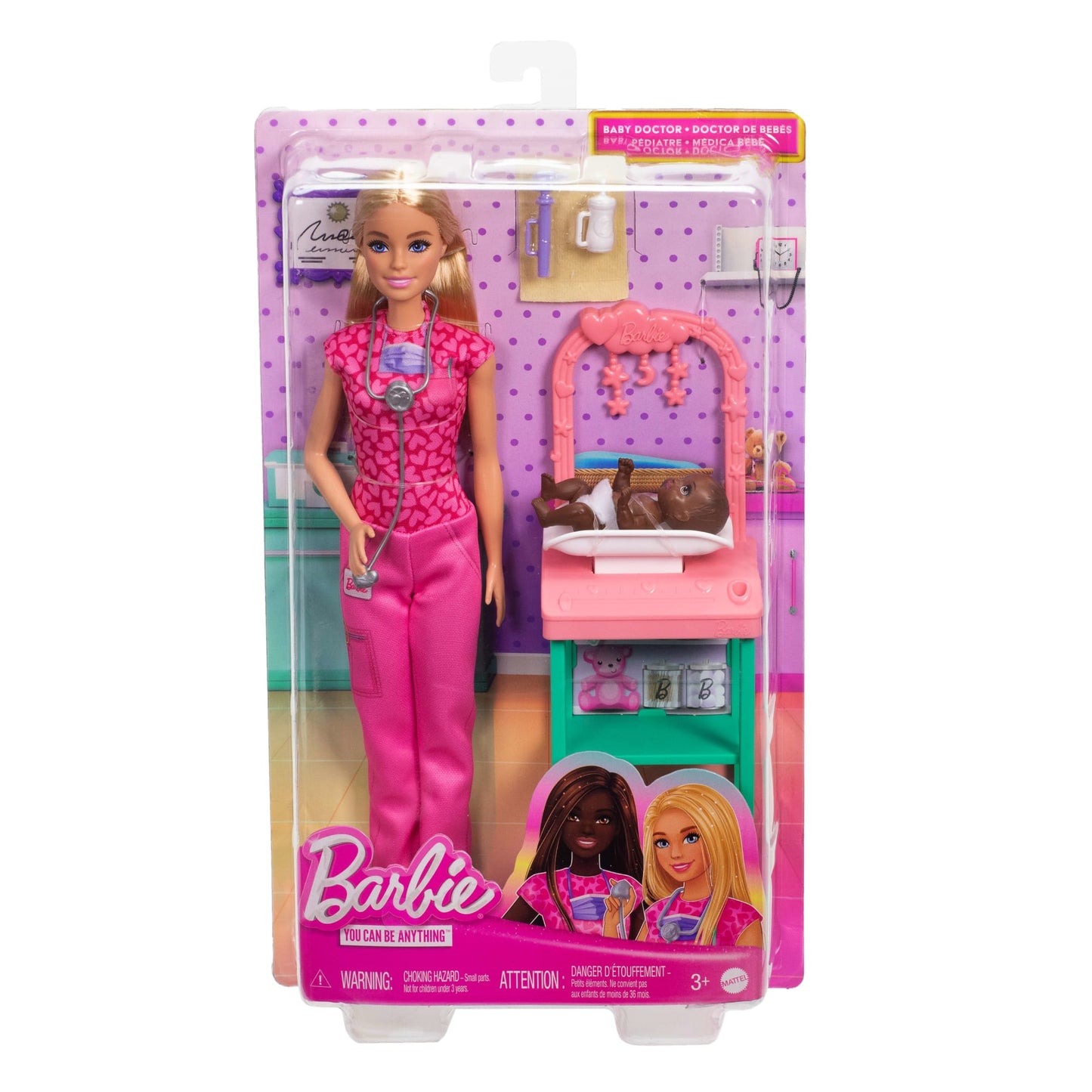 Poupée Barbie Pédiatre Avec Poupée Mode Blonde, 1Poupée Bébé, Meubles et Accessoires