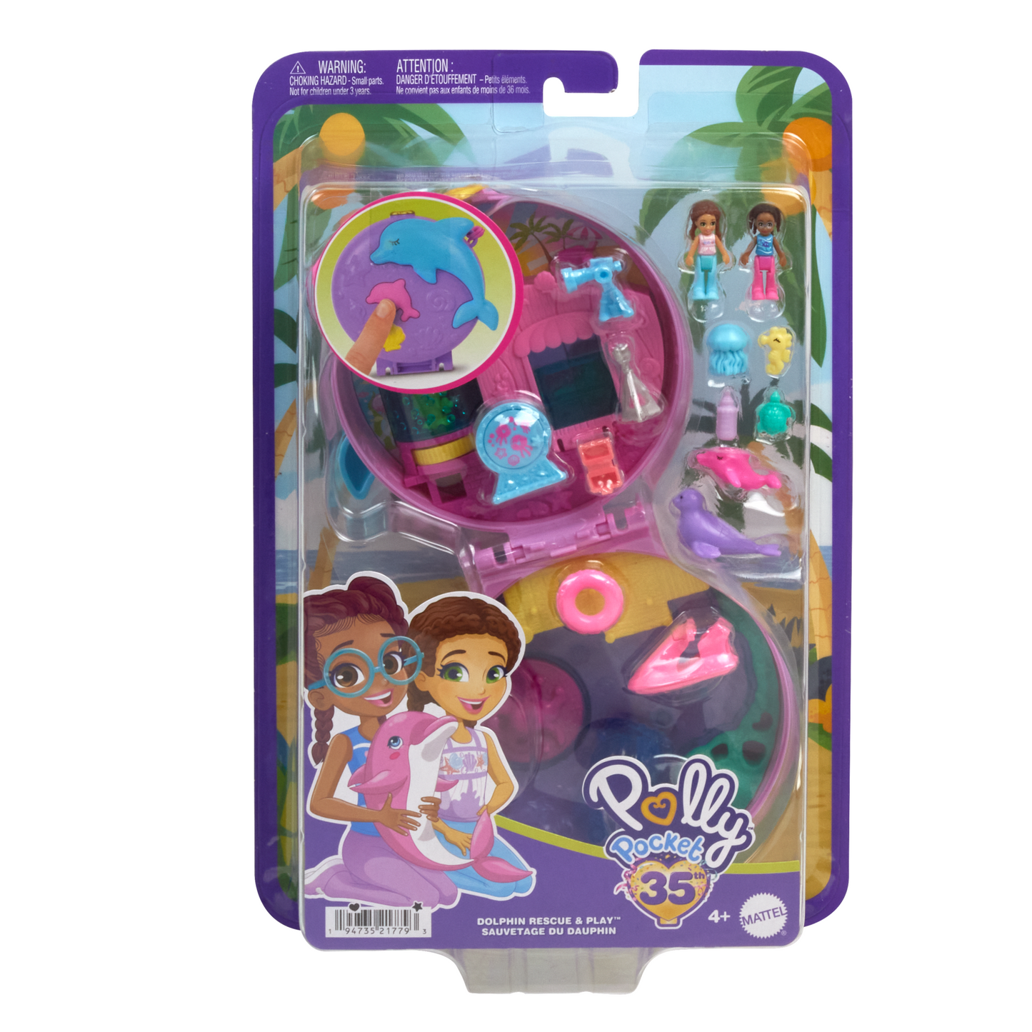 Polly Pocket Dolphin Rescue & Play Compact With 2 Micro Dolls And Sea Pets, Animal Toy With Ocean Accessories