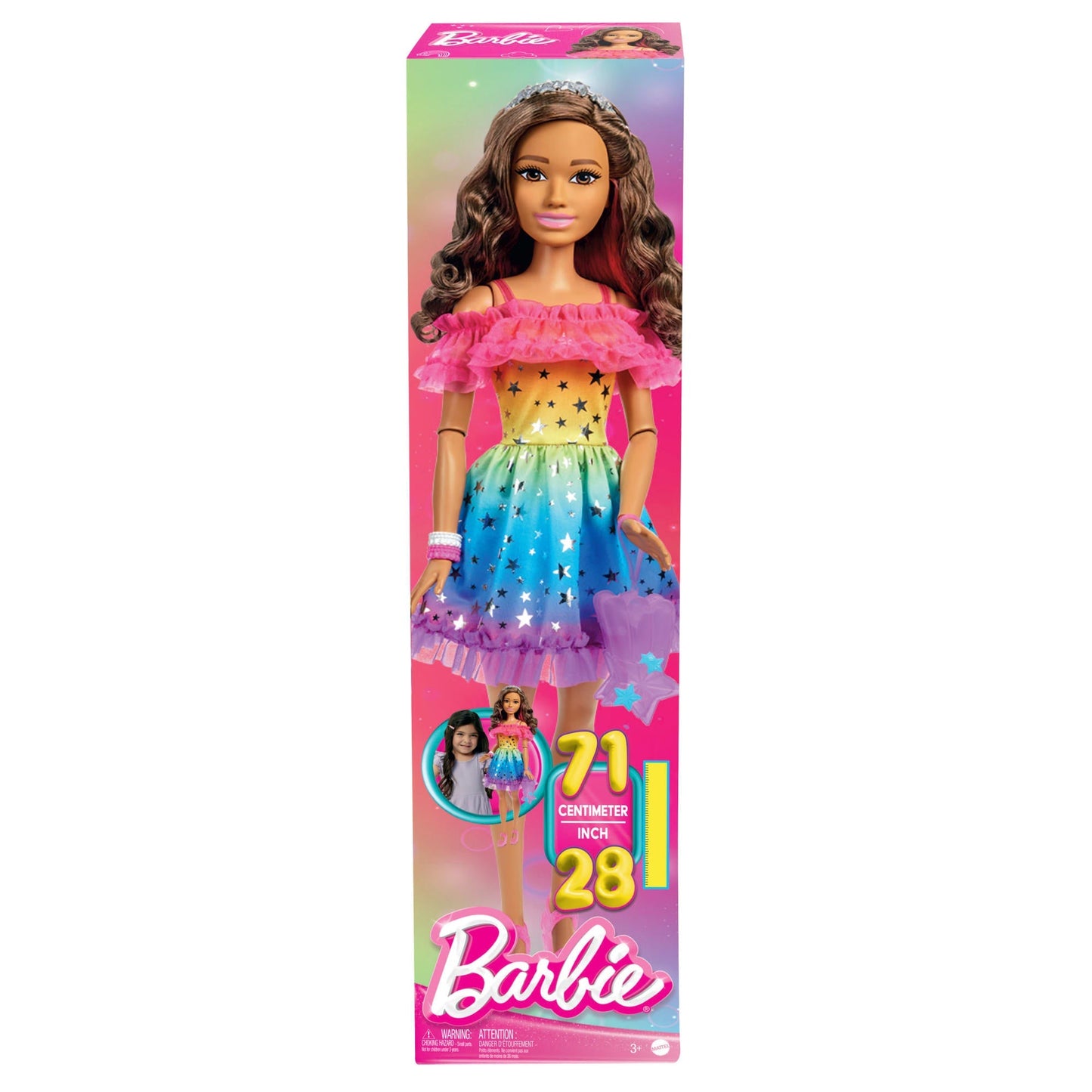 Barbie Poupée Grand Format 71,12 Cm, Brunette, Robe Arc-en-Ciel
