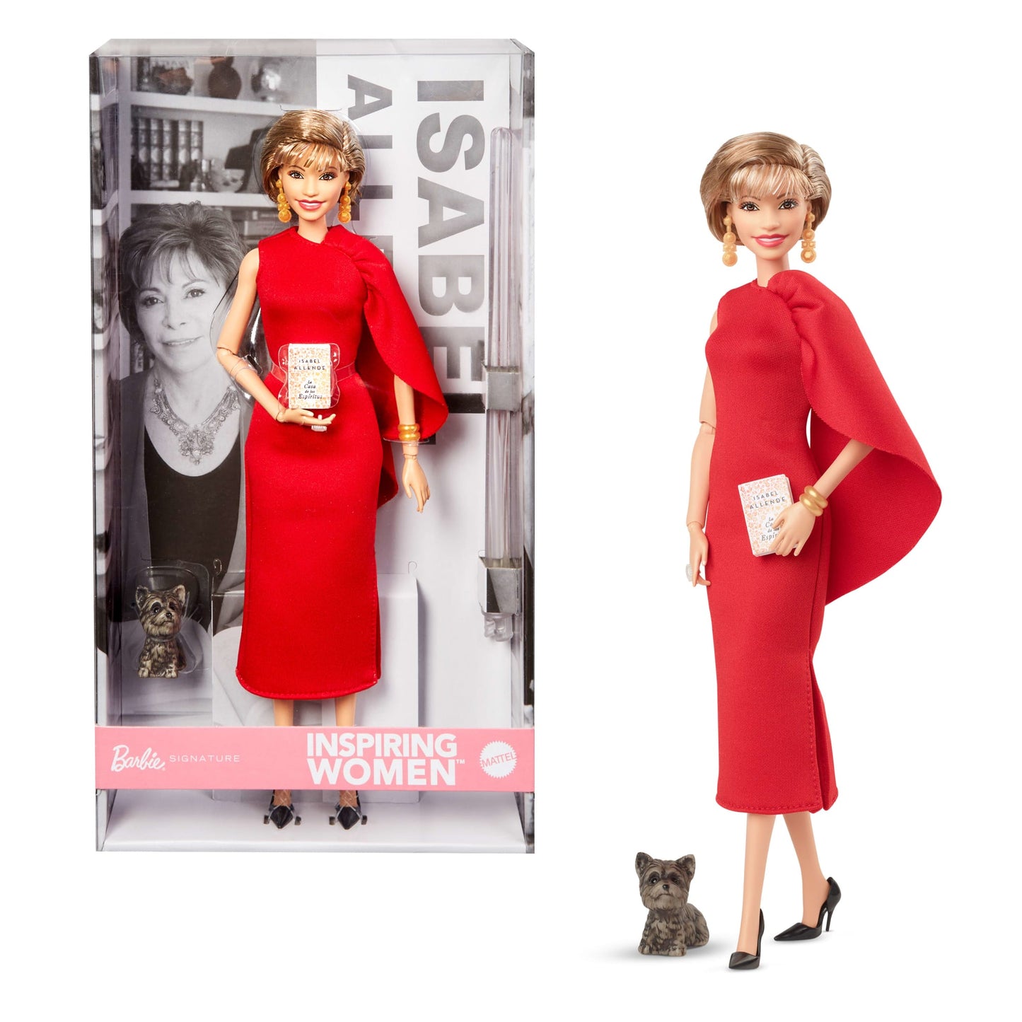 Barbie inspiring Women Collectible Doll, Isabel Allende in Red Dress & Book Accessory & Pet