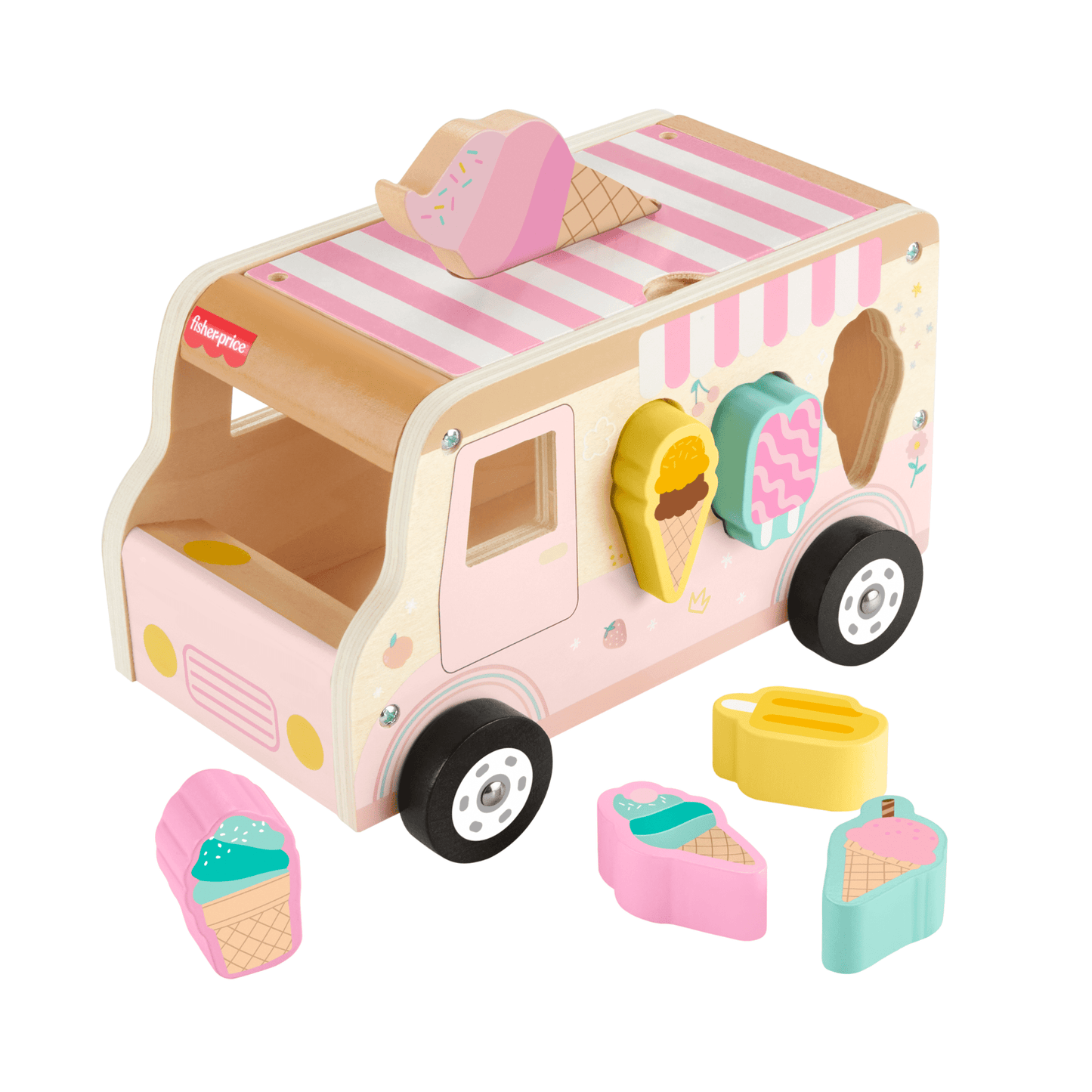 Fisher-Price Camion de Glaces Trieur de Formes en Bois, 8 Éléments
