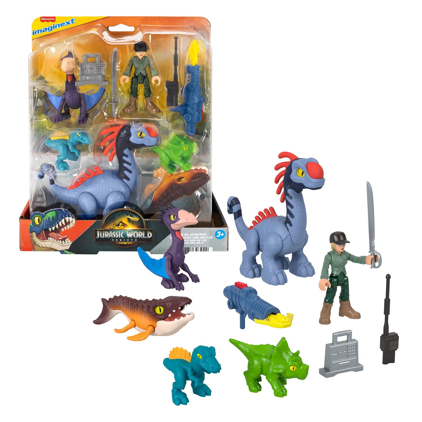 Imaginext Jurassic World Dinosaurio de Juguete Rebirth Paquete de Dinos Tierra, Aire y Mar