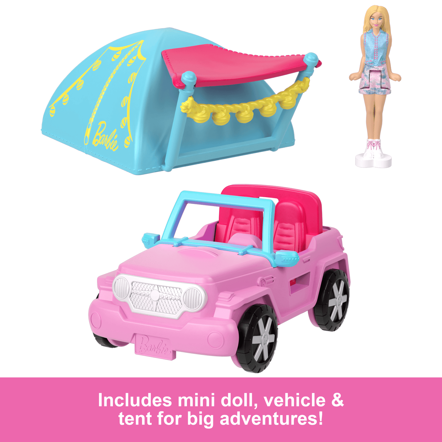Barbie Mini Barbieland Doll & Vehicle Set With 1.5-inch Doll, Color-Change Suv & Tent Accessory