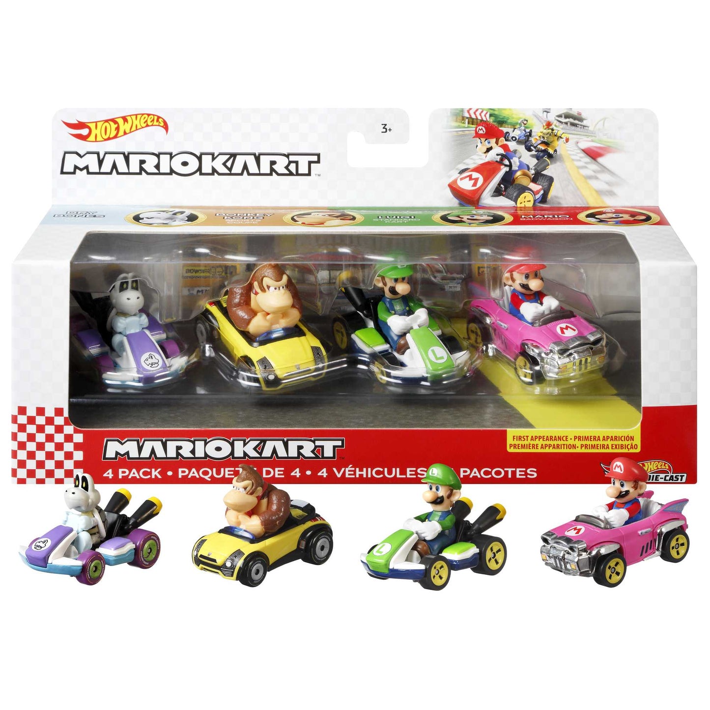 Hot Wheels Mario Kart Vehículo de Juguete Paquete de 4 con Mario, Donkey Kong, Luigi y Dry Bones