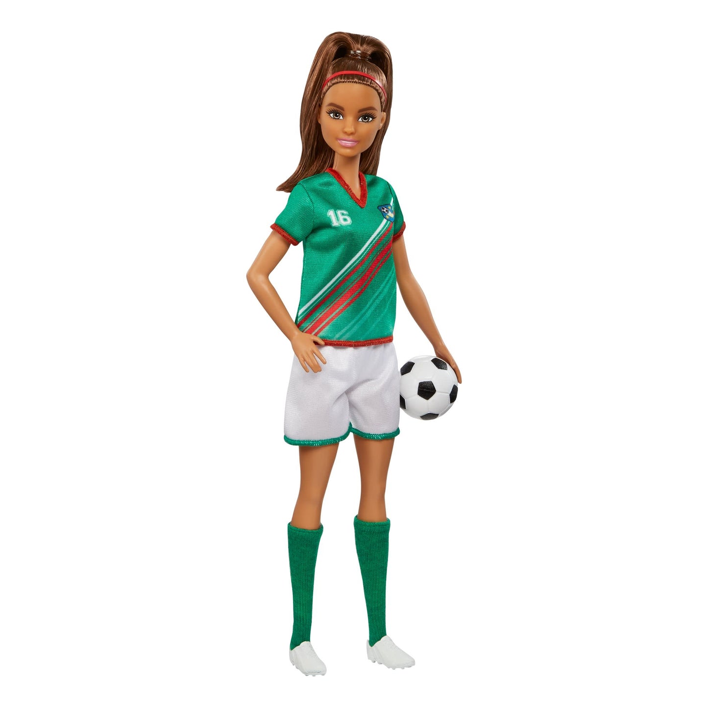 Barbie Soccer Doll, Brunette, #16 Uniform, Soccer Ball, Cleats,  Socks, 3 & Up