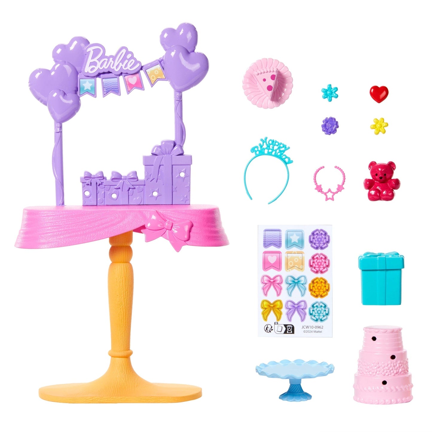 Barbie World Birthday Party Set With Doll Accessories Including Cake, Presents, & Sticker Sheet