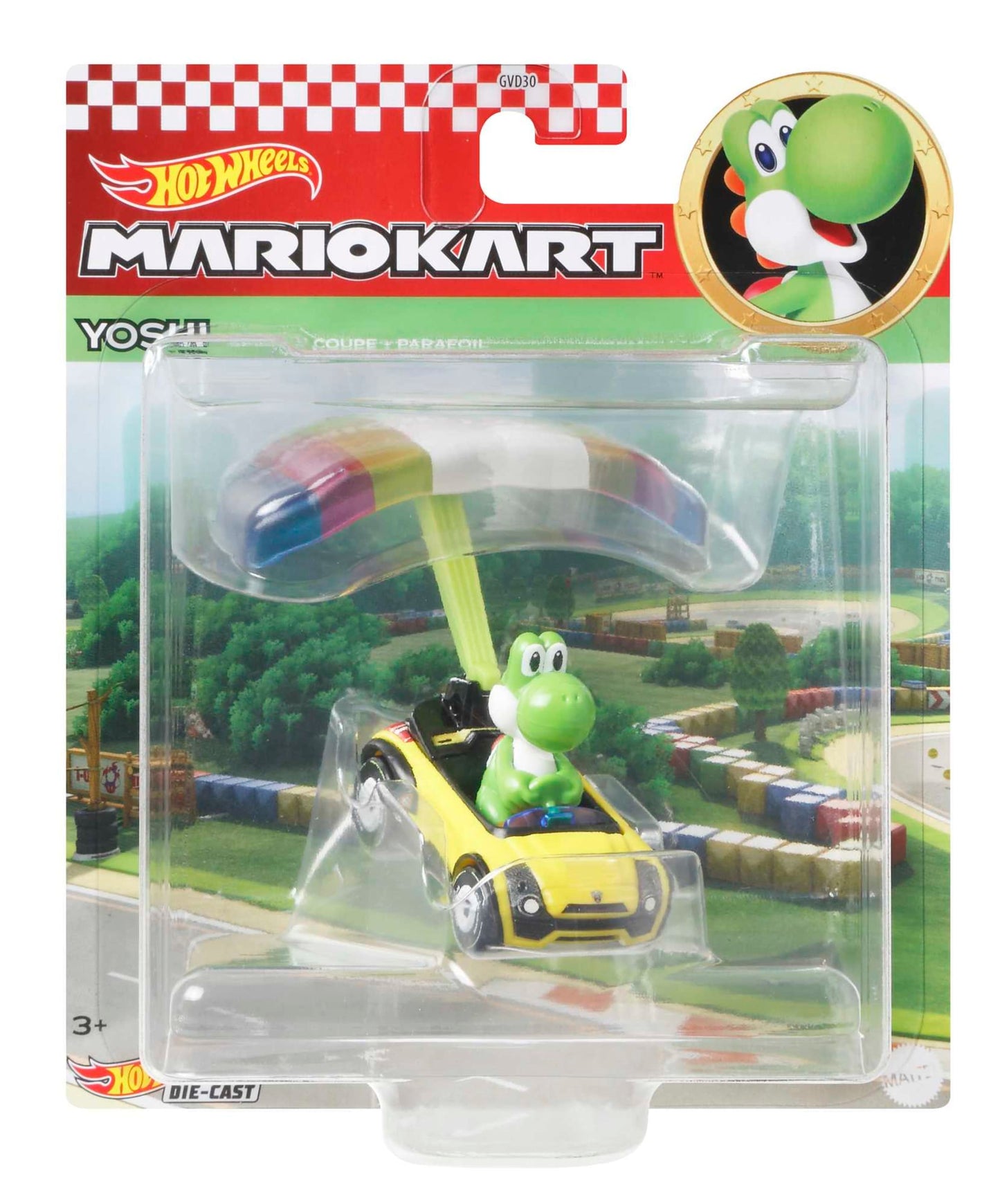 Hot Wheels Mario Kart Vehículo de Juguete Yoshi Sports Coupe con Paracaídas