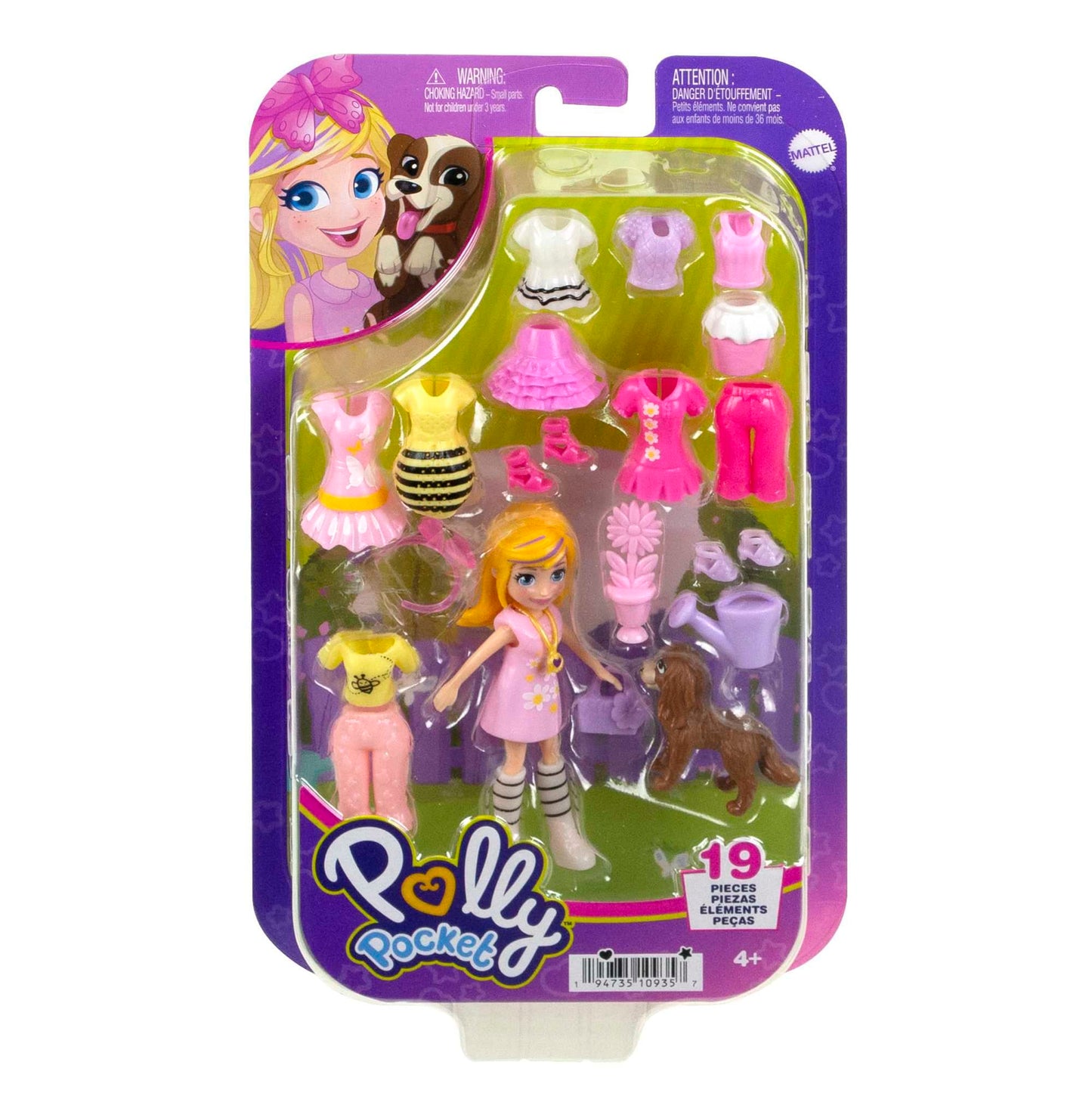 Polly Pocket Coffret Poupée et 18 Accessoires, Chiot et Thème Floral