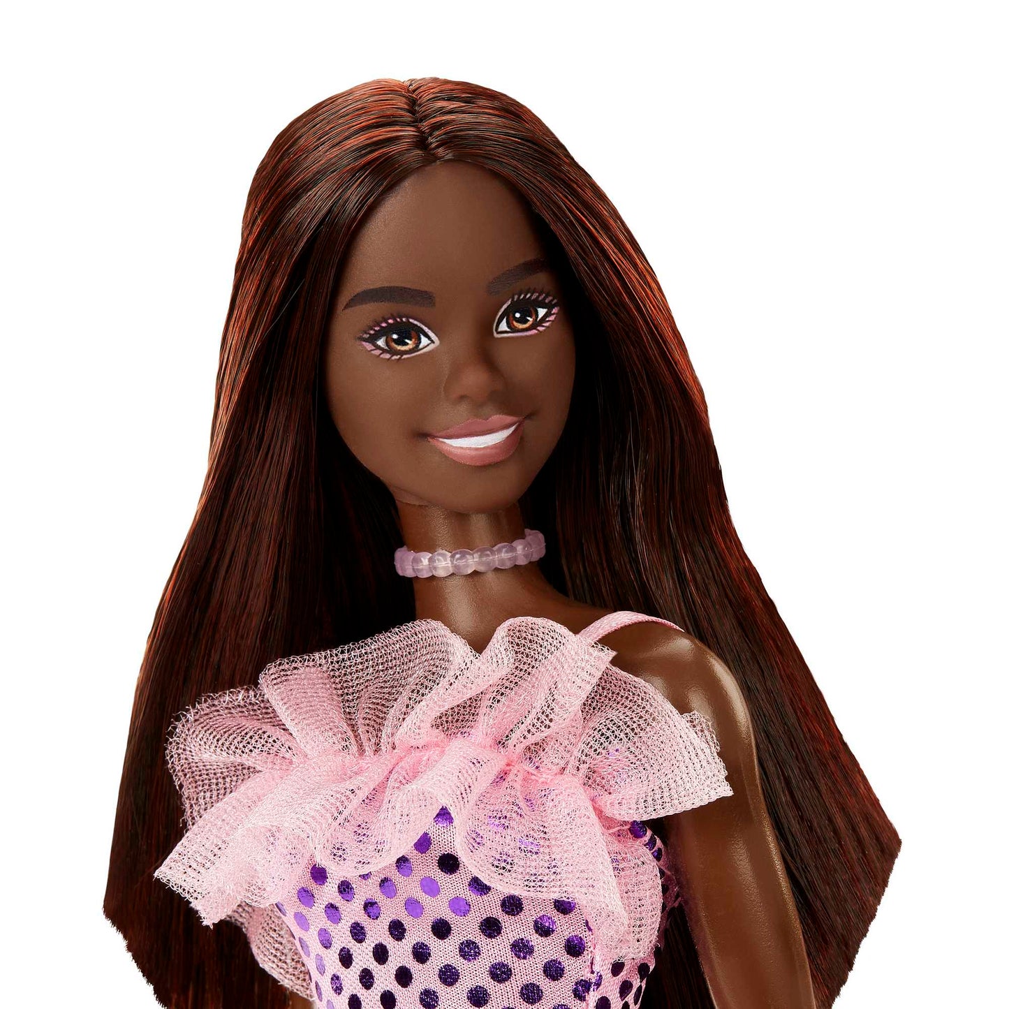 Barbie Poupée Cheveux Brun Foncé et Robe Métallique