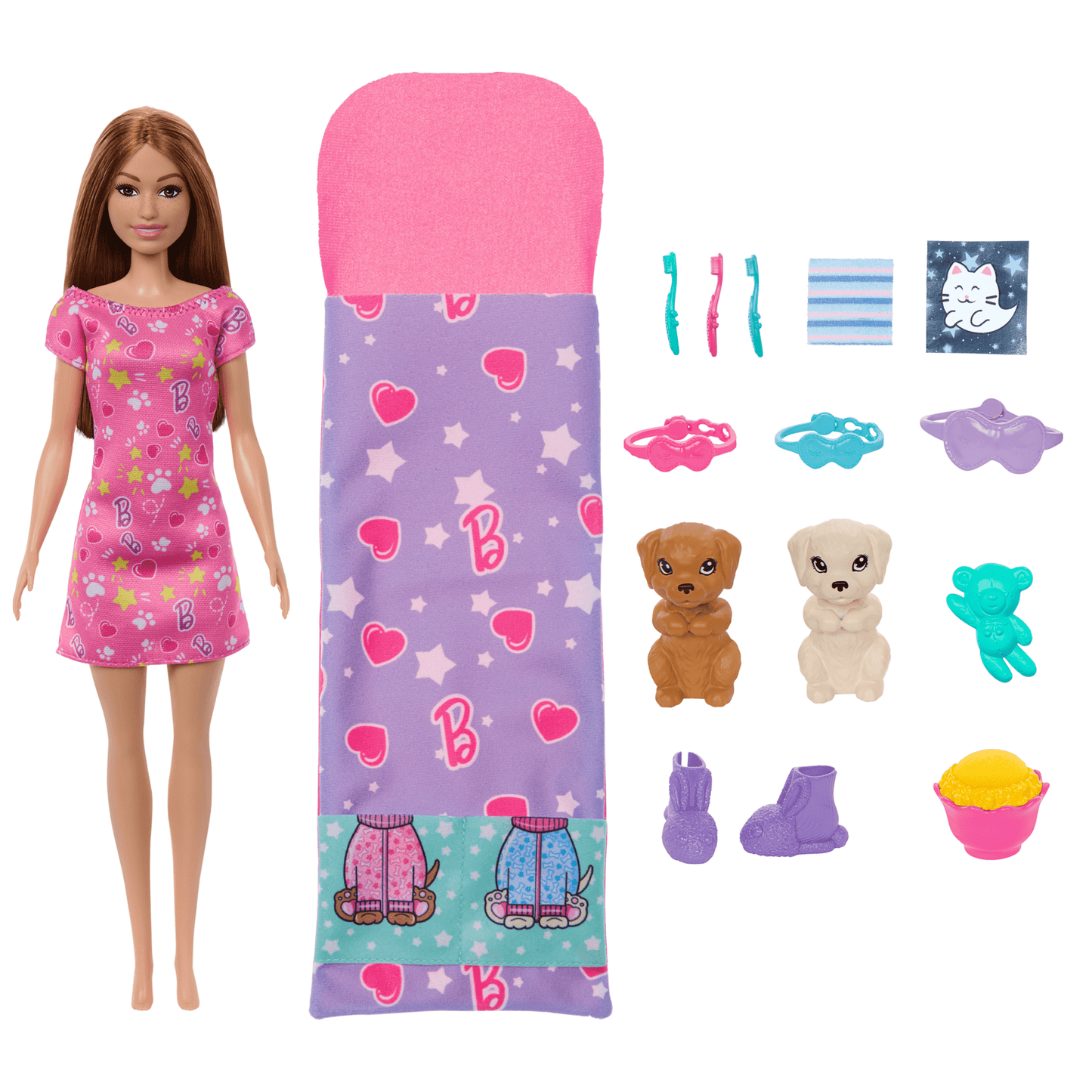 Barbie-Soirée Pyjama Chiots-Coffret Poupée, 2Chiots, 11Accessoires