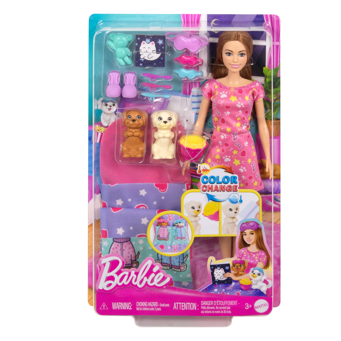 Barbie-Soirée Pyjama Chiots-Coffret Poupée, 2Chiots, 11Accessoires
