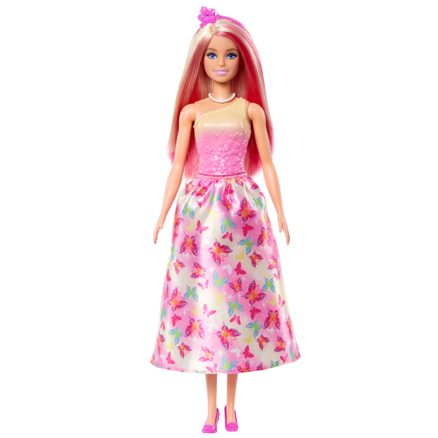 Poupée Barbie Royale Avec Cheveux Roses et Blonds, Jupe à Imprimé de Papillons et Accessoires