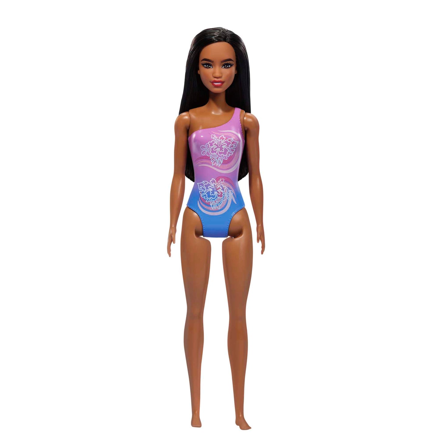 Beach Barbie Doll With Dark Brown Hair Wearing Tropical Purple Swimsuit