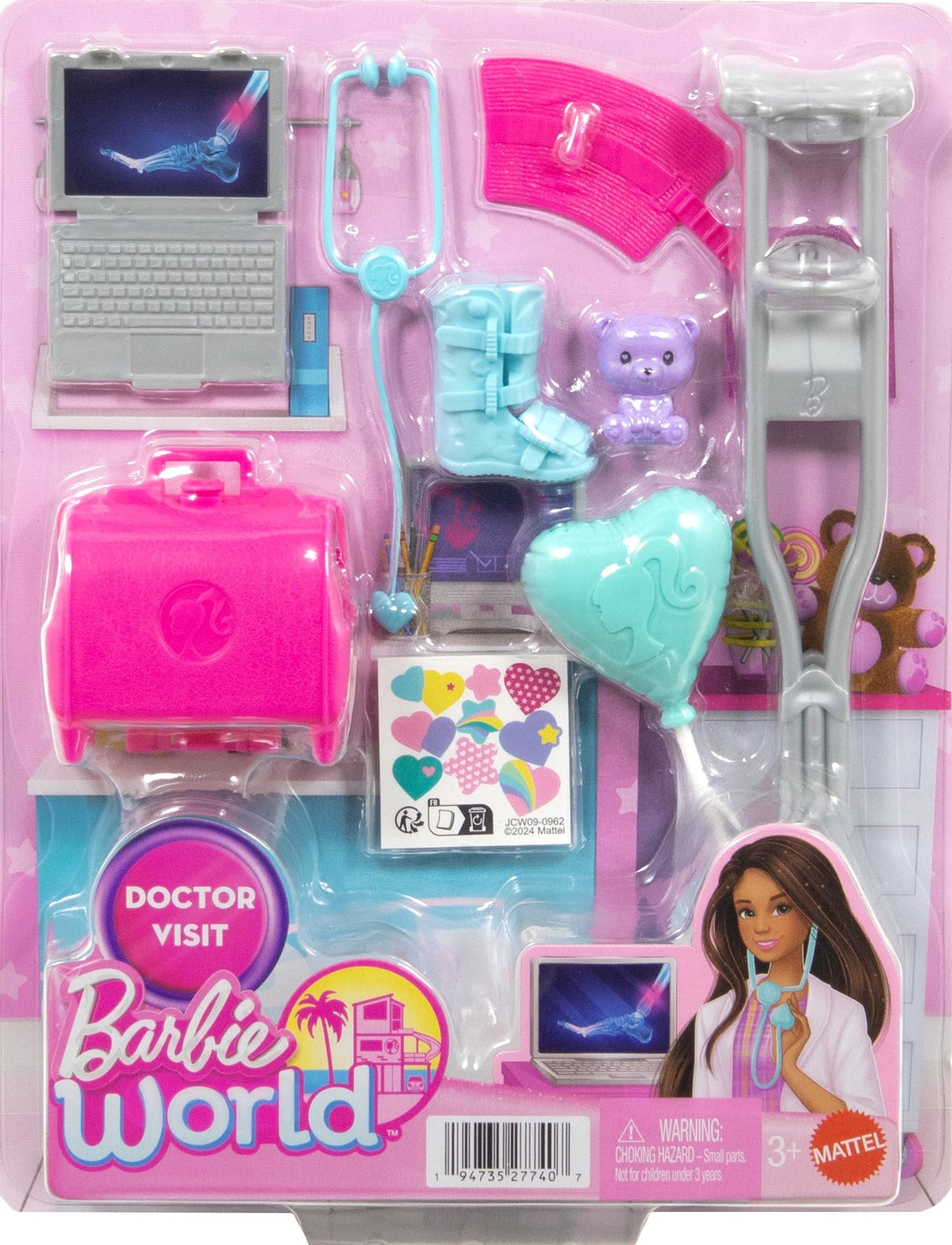 Barbie World Toy Doctor Set With Doll 10 Accessories Including Medical Bag, Crutches, Cast, & More