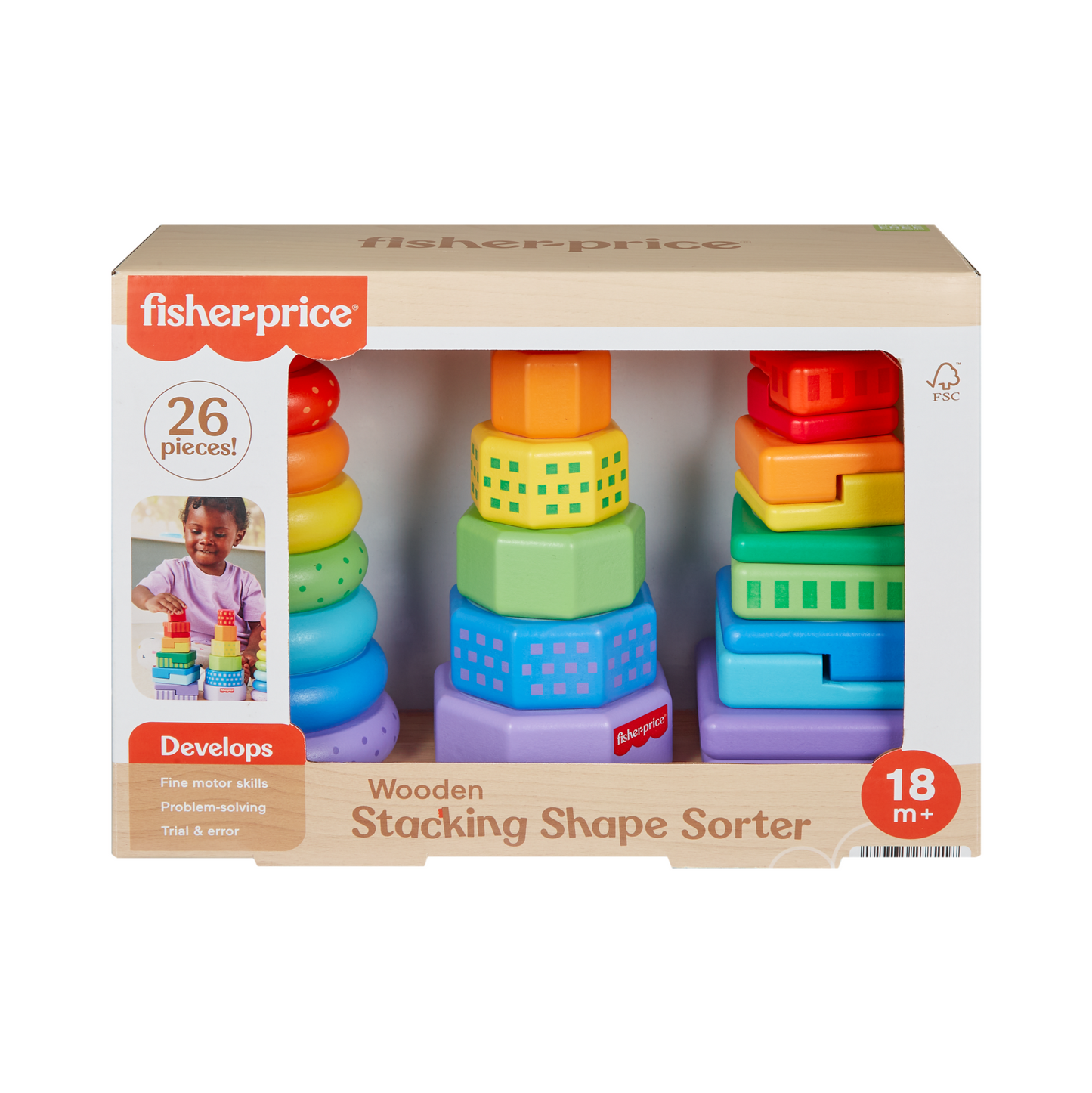 Fisher-Price Trieur de Formes Empilo en Bois, Triage, 26 Éléments